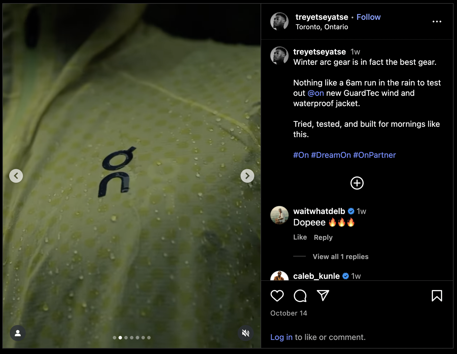 On creator content, Instagram post by Trey Étseyatsé featuring the GuardTec wind and waterproof jacket with rain droplets on the On logo