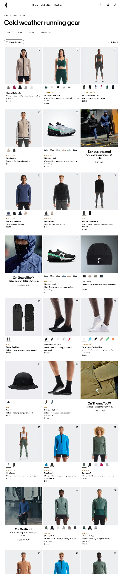 On FW25 Outerwear and Apparel Tech, Cold Weather Running Gear collection PLP with shoes, apparel, and accessories