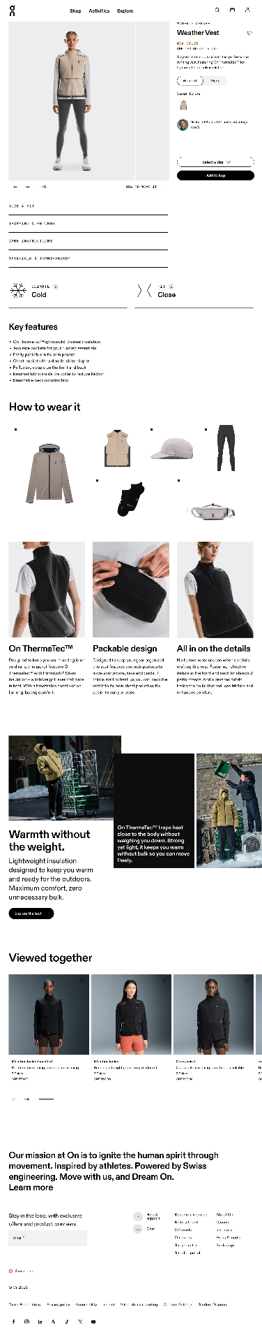 On FW25 Outerwear and Apparel Tech, Weather Vest PDP featuring On ThermaTec insulation storytelling and how-to-wear module