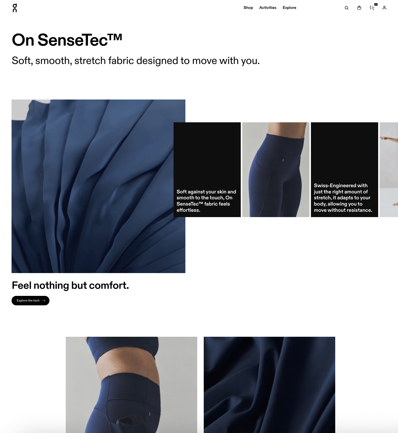 On SS26 Apparel Leggings and Tights Collection, On SenseTec™ technology page with fabric and product detail storytelling