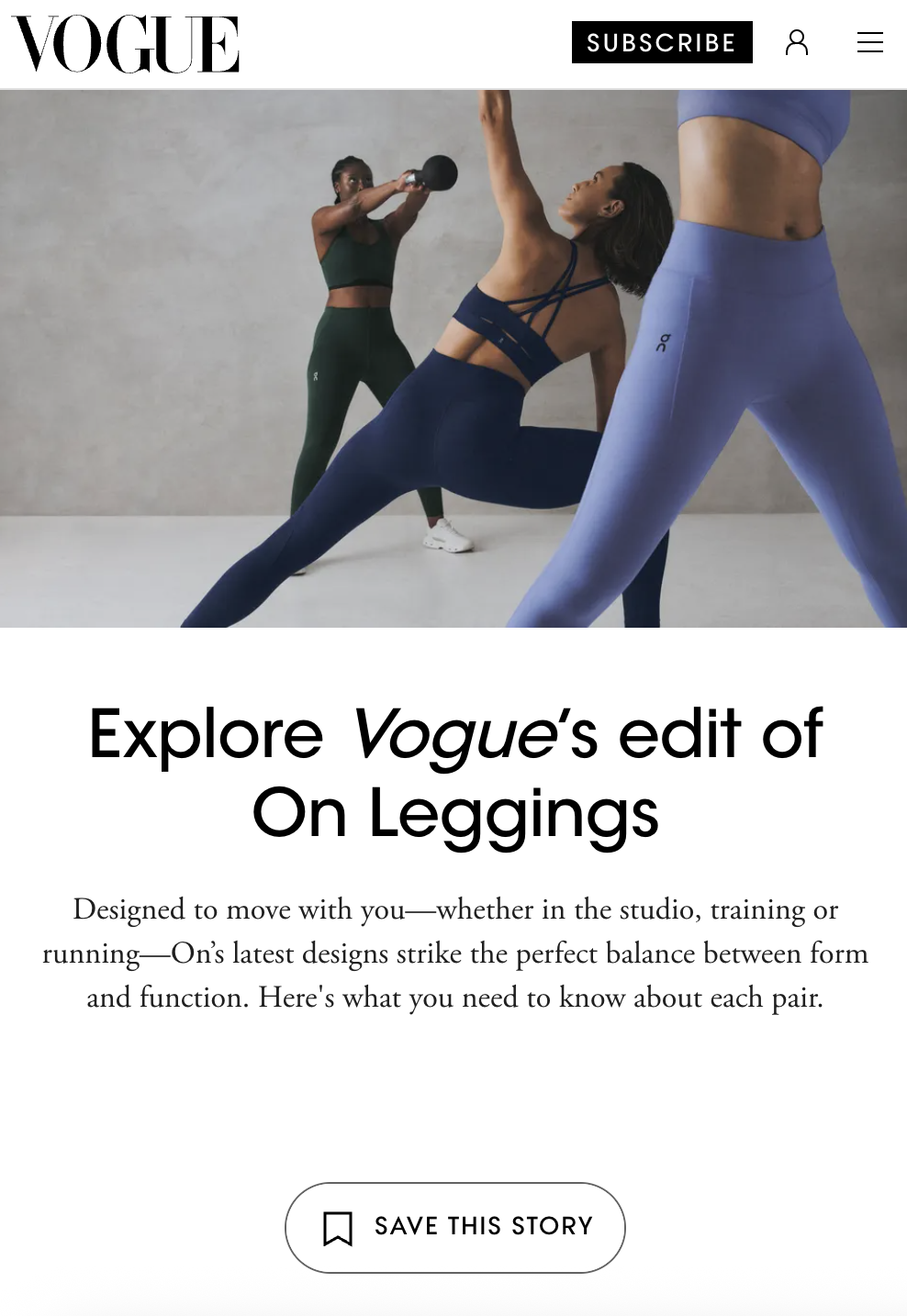 On SS26 Apparel Leggings and Tights Collection, Vogue editorial partnership hero featuring On Leggings
